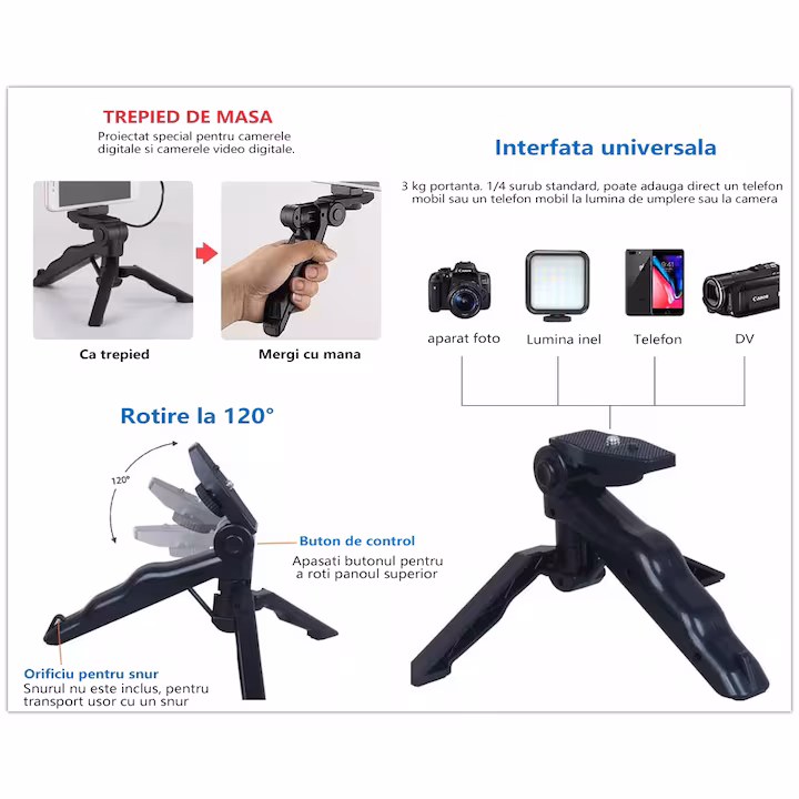 Kit vlogging cu trepied, microfon, LED, telecomanda BT, suport telefon reglabil, foto/smartphone, YouTube/TikTok - imagine 4
