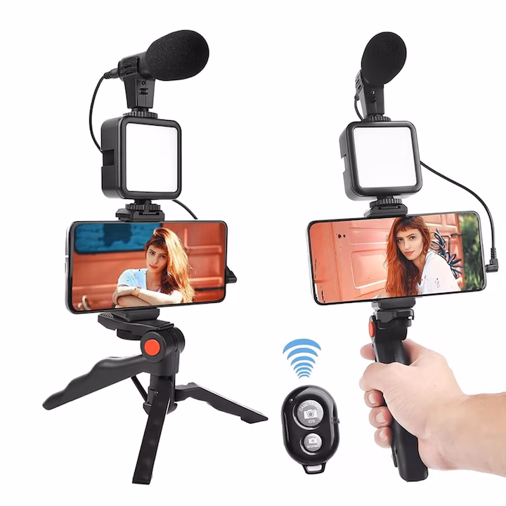 Kit vlogging cu trepied, microfon, LED, telecomanda BT, suport telefon reglabil, foto/smartphone, YouTube/TikTok - imagine 3