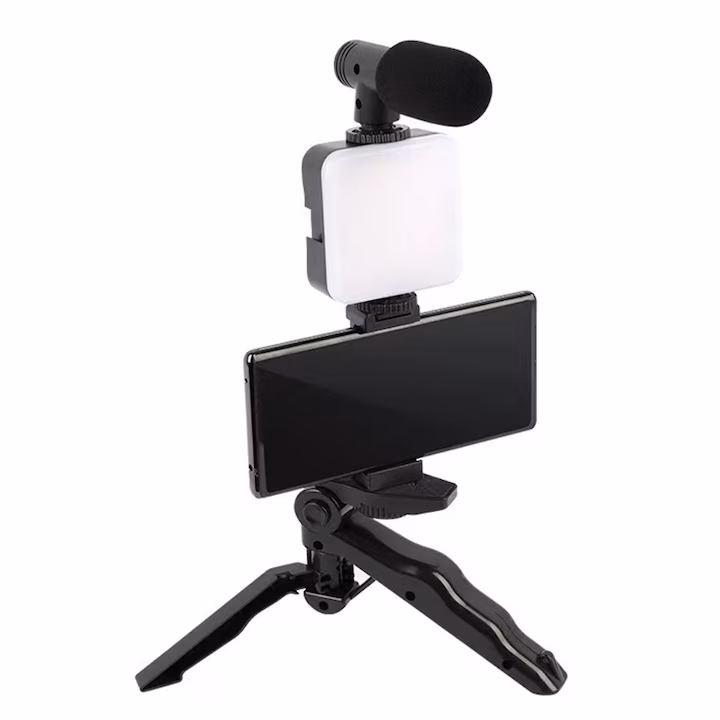 Kit vlogging cu trepied, microfon, LED, telecomanda BT, suport telefon reglabil, foto/smartphone, YouTube/TikTok - imagine 2
