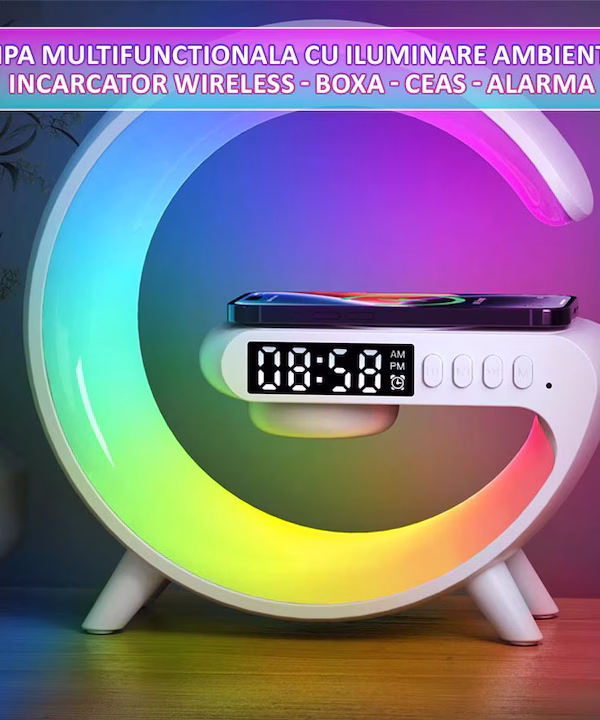 Boxa Multifunctionala 3 In 1, Lampa Smart Led Rgb, Incarcator Wireless, Forma De G